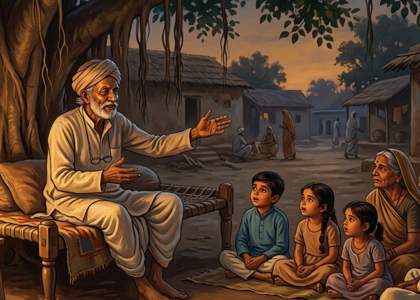 Illustration of a village elder telling a story to children under a banyan tree at dusk