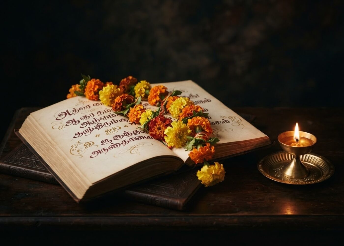 An open book of Tamil poetry draped with a marigold garland beside a glowing brass lamp